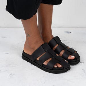Black slides sandals women, Slip On sandals,Classic Sandals,Summer Shoes for women,Leather Strap Sandals, Made in Greece.  leather sandals