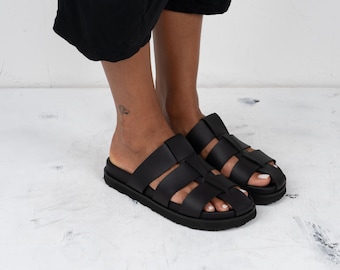 Black Leather Strap Sandals, Handmade Greek Slides