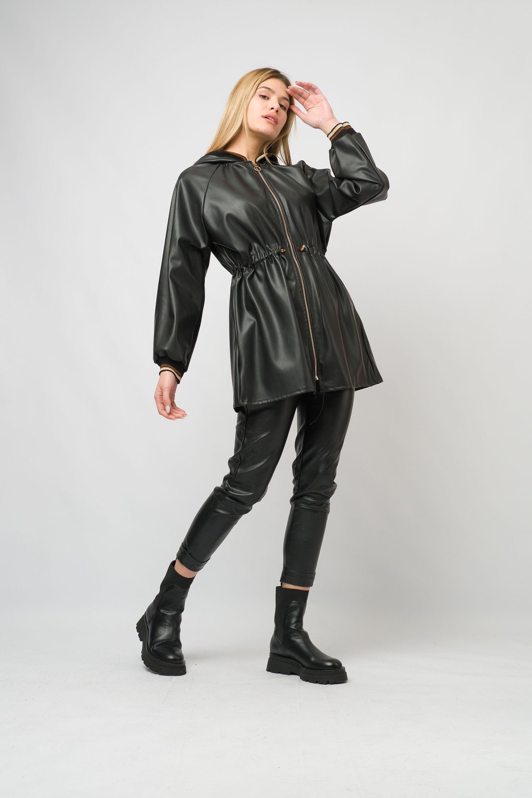 ★E.B.M★ Tailored Fake Leather Jacket EMP2EJK020 Black Faux Leather Jacket.fake Leather Zipper Cape Jacket - Etsy