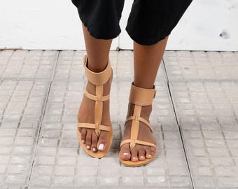 Handmade Greek Leather Sandals, Natural Beige Roman Style