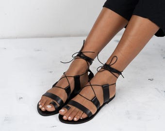 Black Leather Greek Sandals, Handmade Roman Style