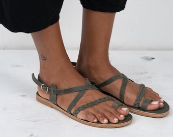 ギリシャ風レディースレザーサンダル、ローマ風サンダル、レディースレザーサンダル、ギリシャサンダル、カーキサンダル、ハンドメイドサンダル、本革サンダル