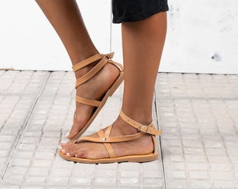 Handmade Natural Leather Greek Sandals, Beige Flats