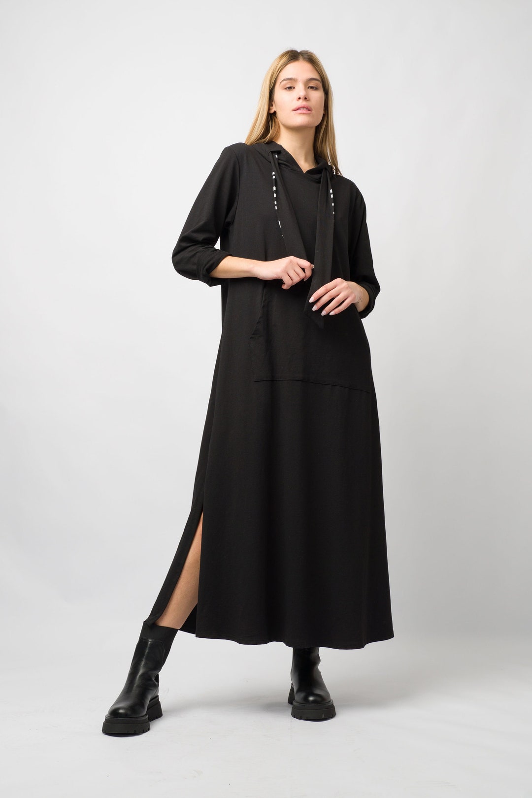 Oversized Cotton Maxi Black Dress/plus Size Long Dress/longsleeve