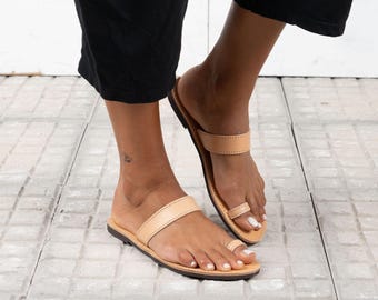 Handmade Greek Leather Sandals, Natural Beige, Toe Ring