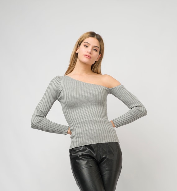Gray off Shoulder Blouse/long Sleeve Cut Out Shirt/cold