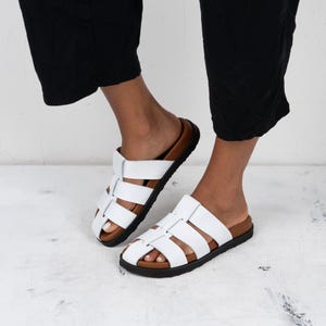 White Leather Women Sandals,  Slip On sandals, Classic Sandals,  Summer Shoes for women, Leather Strap Sandals,  Made in Greece.   sandals