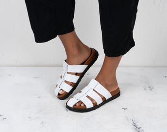 Handmade White Leather Sandals, Greek Style Slip-Ons