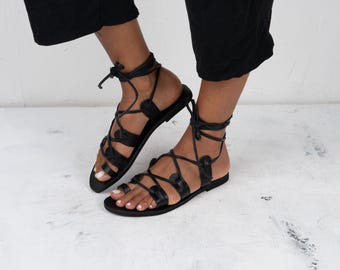 Handgemachte Leder Gladiator Sandalen, Schnürsenkel Krawatte, Schwarz