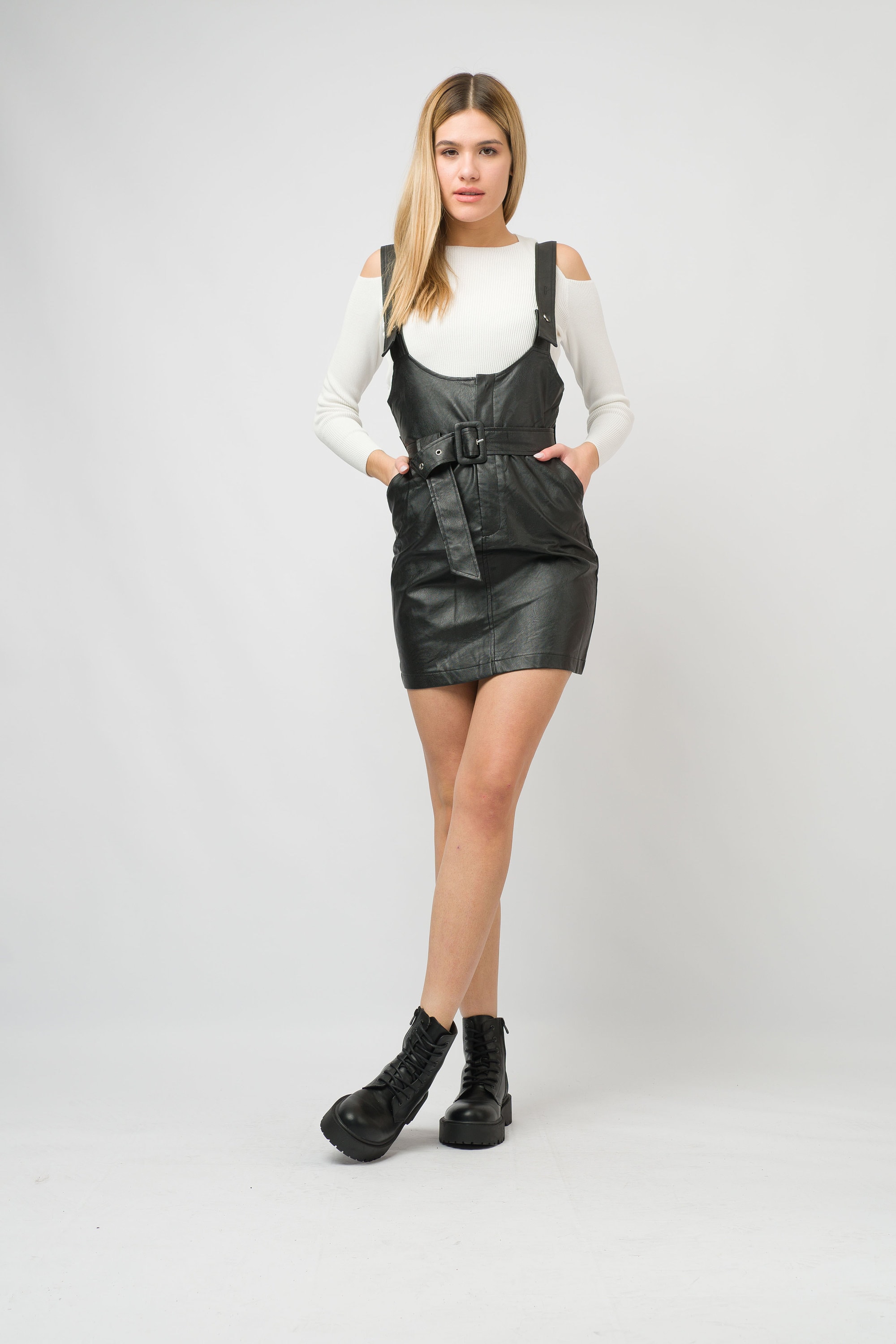 faux leather overall dress Belted Mini Shoes/Footwear