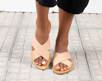 Handmade Greek Leather Sandals, Natural Beige, Roman Style