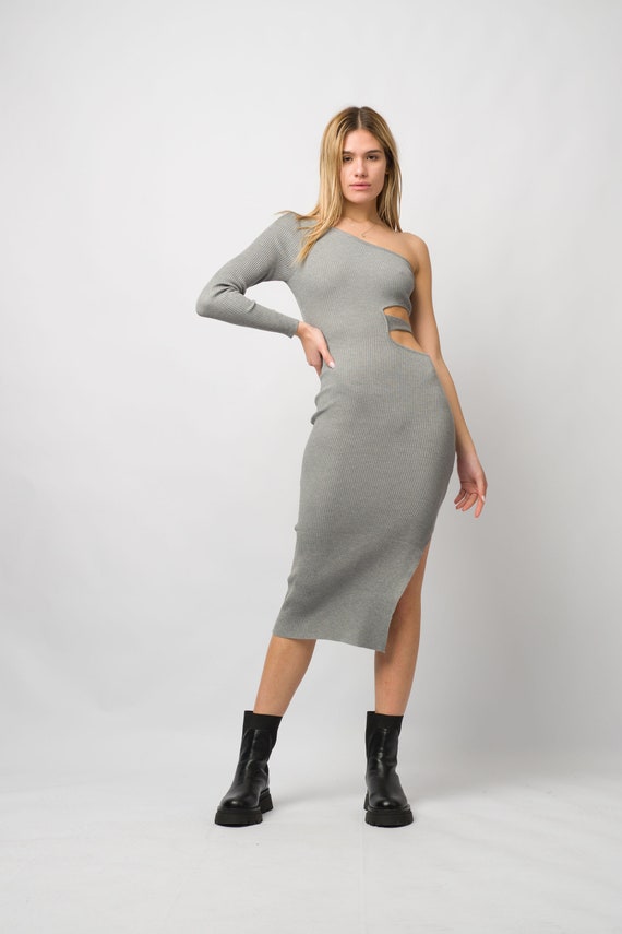 Gray Rib Knit Maxi Dress, One Shoulder Cut Out, Bodycon Slit - Etsy