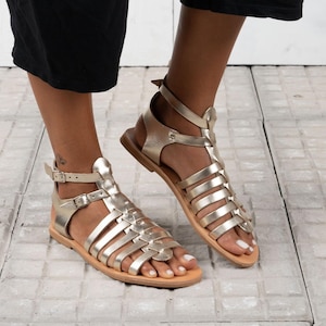Gold leather sandals, Gold  leather sandals women, ancient Greek sandals,handmade leather sandals, genuine Greek leather sandals,Flatforms