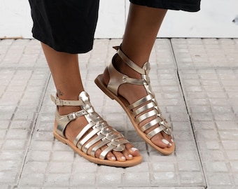 Handmade Gold Leather Greek Sandals, Flatform Gladiator Sandals
