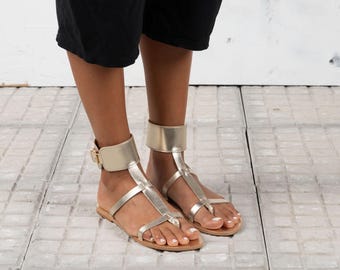 Handmade Gladiator Leather Sandals, Gold Women's Shoes, Greek Style
