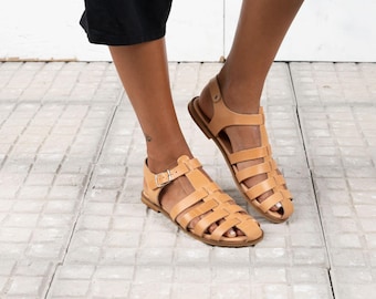 Handmade Greek Leather Gladiator Sandals, Natural Beige