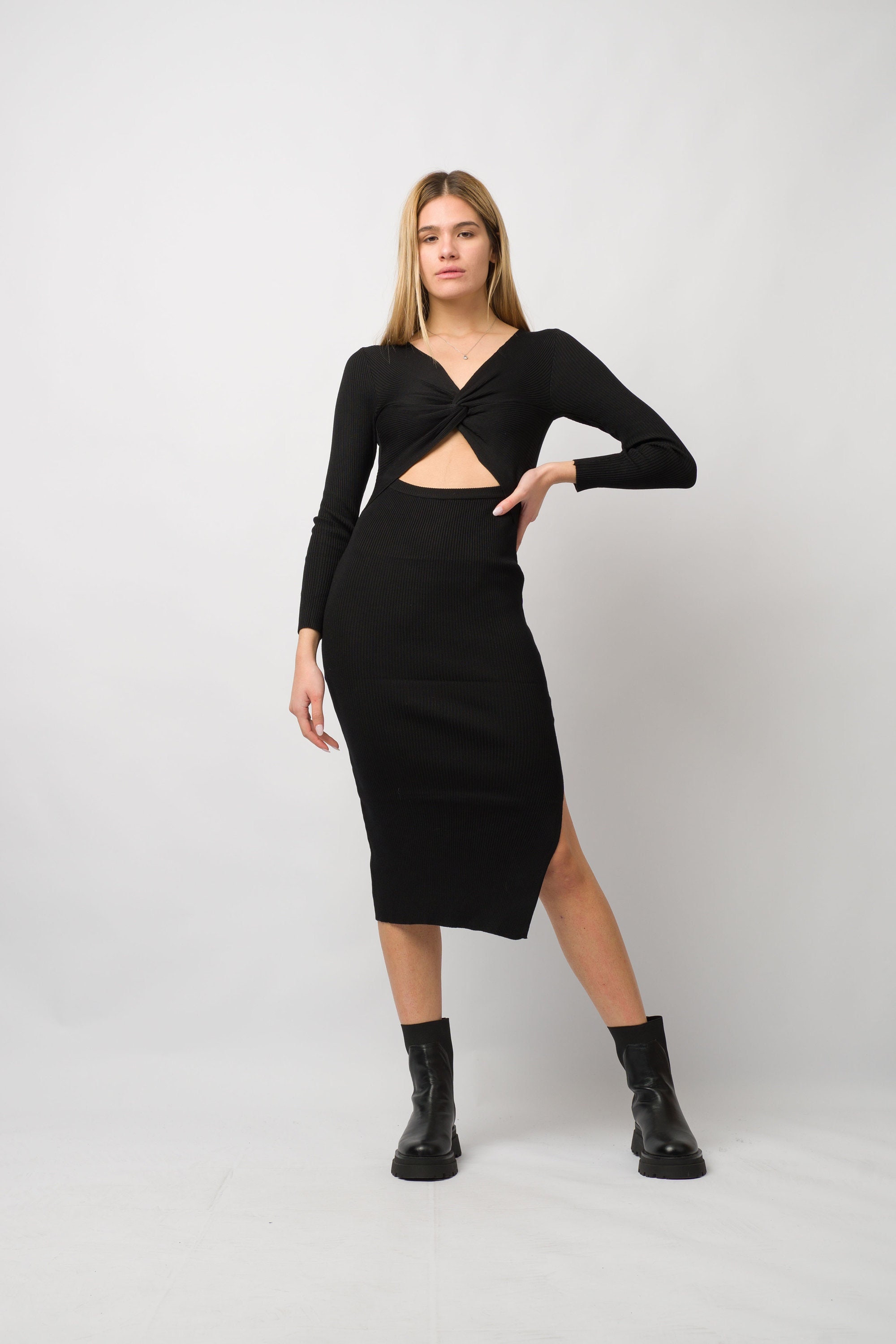 Ribbed Black Bodycon Dress - Cutout Maxi With Slit - Etsy