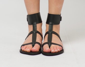 Black Leather Sandals/Ancient Grecian Sandals/Ankle Cuff Sandals/Greek Leather Sandals