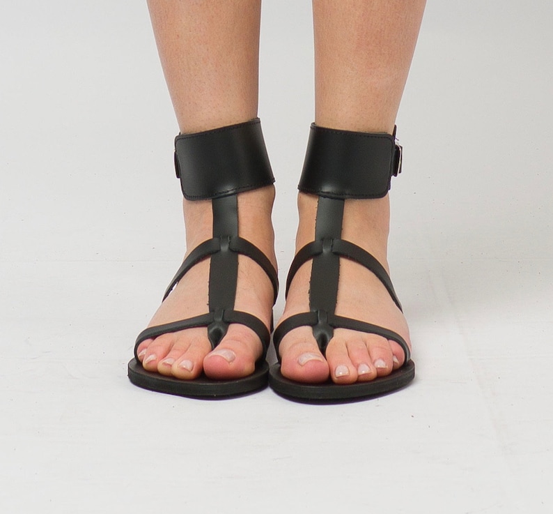 Black Leather Sandals/Ancient Grecian Sandals/Ankle Cuff Sandals/Greek Leather Sandals image 1