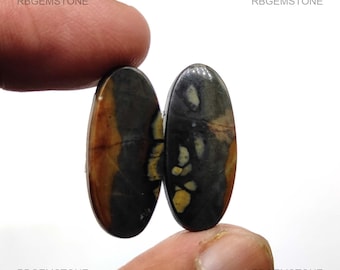 May include: Two oval-shaped gemstones with a mix of dark gray, brown, and yellow hues. The stones are held between fingers, showcasing their polished surfaces. The text "RBGEMSTONE" is visible in the corners.