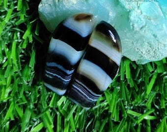 Madagascar Banded Agate Loose Gemstone Fancy Shape 100% Natural Black Cabochon Pair 31x11x4mm 27.00Ctw