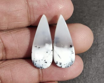White Dendritic Opal Pair Loose Cabochon Pair/ Healing Opal Cabs Pair, Teardrop Shape Gemstone Pair For Earrings Making