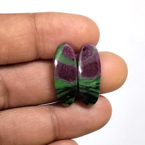Matching Pair of Gemstone, Ruby Zoisite Cabochon Pair, Multicolor 100% Natural Oval Shape Loose Flat Back Stone For Earrings Making