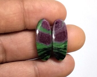 Matching Pair of Gemstone, Ruby Zoisite Cabochon Pair, Multicolor 100% Natural Oval Shape Loose Flat Back Stone For Earrings Making