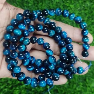 Genuine Blue Tiger Eye Round Smooth 15 inch Center Drilled Beads Strands For Jewelry Craft, Natural Tiger&#39;s eye Beads Strand For Yoga, 8 MM