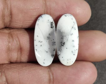 Natural Dendritic Opal Gemstone Pair/ Opal oval Cabs Pair/ AAA Wholesale White Opal Stone Pair/ For Jewelry Making Sets