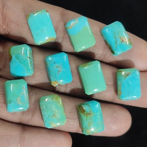 May include: Ten turquoise cabochons in various shades of blue and green, with some having brown inclusions. The stones are rectangular and have a smooth, polished finish.