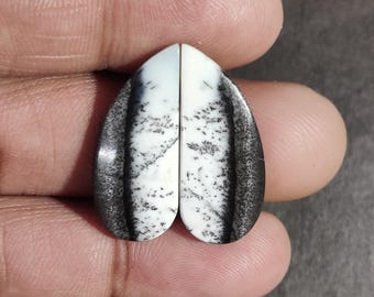 Dendritic Opal Gemstone Pair/ White Opal Cabochon Pair/ oval Shape Dendrite Pair/ Natural Loose Gemstone Pair For Jewelry