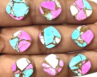 Cotton Candy Turquoise Cabochon,Multicolour Pink Blue Copper Turquoise Cusion Shape Stone,Natural Turquoise Loose Gemstone for JewelryMaking
