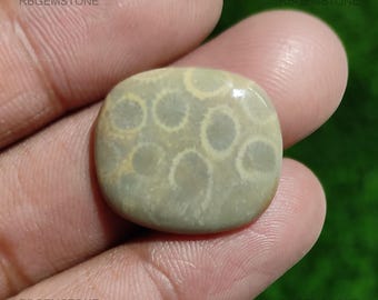 Pode incluir: Uma pedra preciosa polida, de forma oval, com um tom verde claro e um padrão de marcas circulares esbranquiçadas. A pedra é segurada na mão, com o texto "RBGEMSTONE" visível nos cantos.