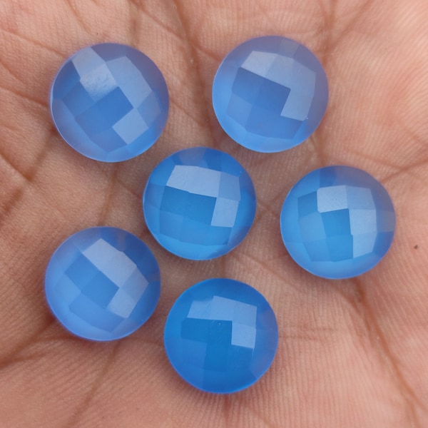 Blue Chalcedony Faceted Gemstone, Round Shape Micro Cut Stone 6 MM to 35 MM Calibrated Loose Faceted stone for Making Jewelry, Flat Back Gem