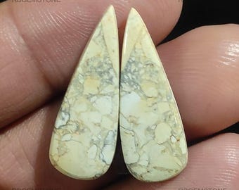 Madagascar White Jasper Loose Gemstone Natural Teardrop Shaped Unheated Cabochon Pair 28x10x3.5mm 19.00Ct