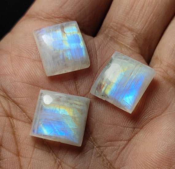 Rainbow Moonstone Gemstone Cabochon, Flashy Moonstone Cabs, Square Shape Calibrated Flat Back Loose Gemstone Multi Moonstone Jewelry Making