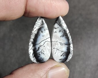 Healing Dendritic Opal Gemstone Pair, Loose Cabochon Pair, Opal Cabs Pair, Natural Teardrop Shape White Dendritic Opal Pair For Jewelry