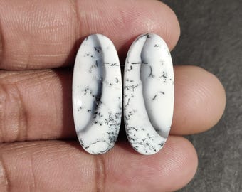 Natural Dendritic Opal Pair, Oval Shape Cabochon Pair, White Gemstone Pair, Gemstone For Earrings, Loose Gemstone Pair