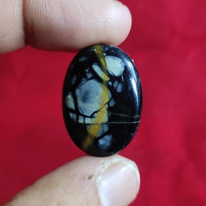Puede incluir: Una piedra preciosa ovalada de color negro, blanco y amarillo con un patr&oacute;n de remolino.