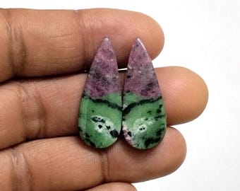 Earring Cabochon Pair, Natural Ruby Zoisite Matched Pair: Polished Teardrop Shape Gemstone  for Earrings Making Crafts