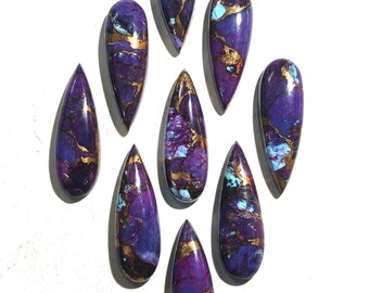 May include: Nine purple, blue, and gold teardrop-shaped cabochons. The cabochons are made of turquoise and have a marbled pattern.