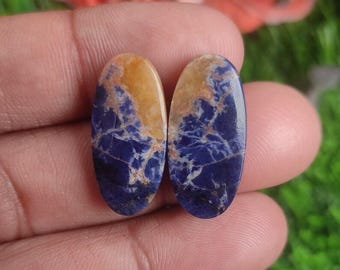 Long Oval Namibian Sodalite Cabochon Pair, Royal Blue & White Natural Gemstone Pair, Matched Sodalite Loose Cabs for Dangle Earrings