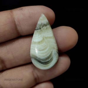 Può includere: Una gemma a forma di goccia lucidata con motivi a spirale bianchi, crema e verde scuro. La pietra è tenuta in mano su sfondo nero. Il testo "RBGEMSTONE" è visibile.