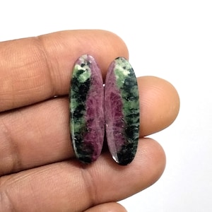 Pair of Gemstone, Ruby Zoisite Cabochon Pair, Multicolor 100% Natural Oval Shape Loose Flat Back Stone For Earrings Making