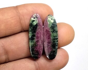 Pair of Gemstone, Ruby Zoisite Cabochon Pair, Multicolor 100% Natural Oval Shape Loose Flat Back Stone For Earrings Making