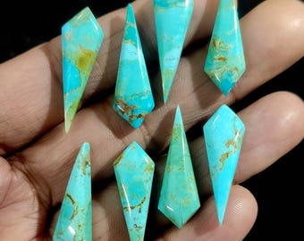 May include: Eight turquoise cabochons in a variety of shapes and sizes. The cabochons are all a vibrant blue-green color with brown and white inclusions. The cabochons are arranged in a hand, with the tips of the cabochons pointing upwards.