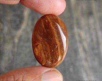 May include: An oval gemstone with a polished surface. The stone displays a mix of brown and orange tones with a swirling pattern. The gemstone is held between two fingers, highlighting its size and shape.