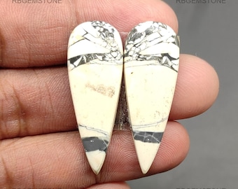 White Jasper Teardrope Loose Gemstone india Natural Unheated Cabochon Pair 37x13x4mm 33.60Ctw