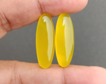 Yellow Chalcedony Cabochon pair, Long Oval Shape 7X14 MM to 12X36 MM Calibrated Size Mango Chalcedony, Flat Back, Bezel Setting, Earring Cab